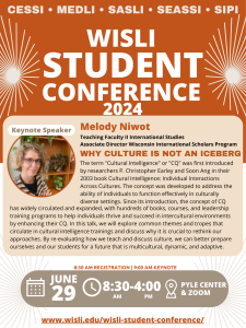 Flyer detailing the WISLI student conference date and time, plus the Keynote abstract from speaker, Melody Niwot.