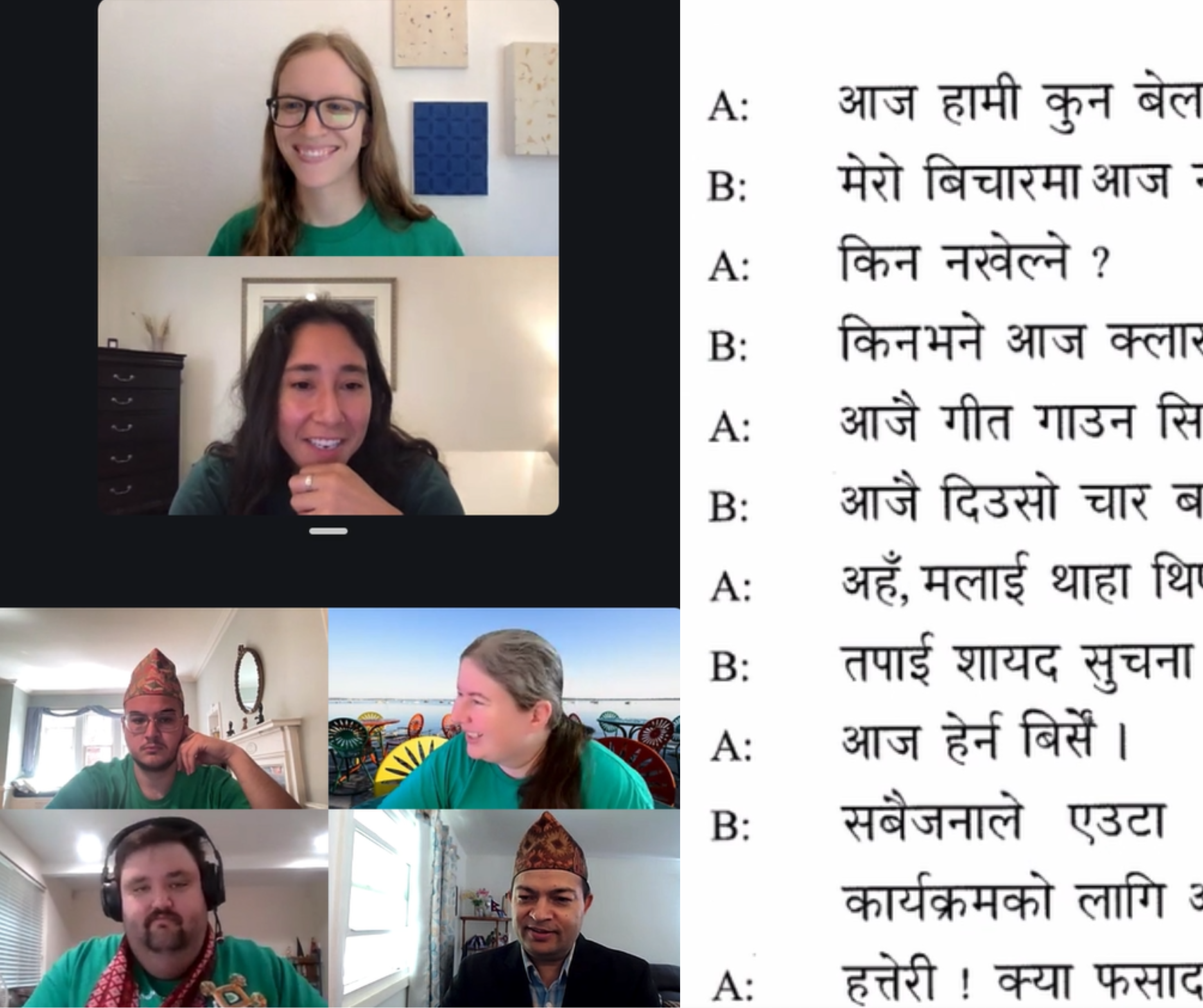 A group of students in an online class. An excerpt of script is being shown.