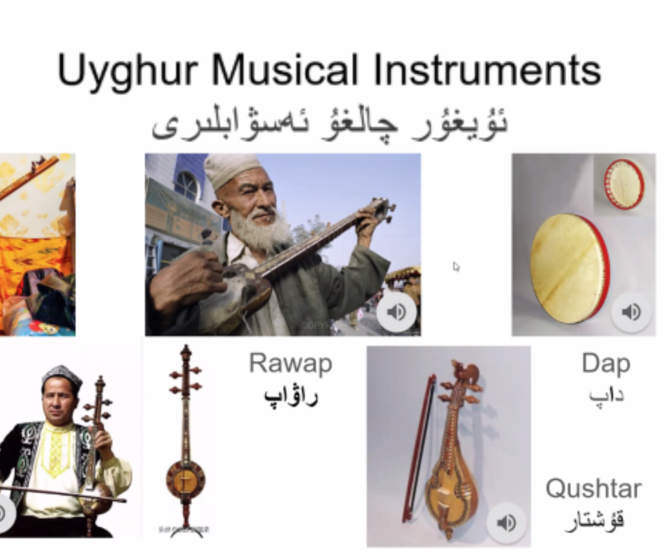 A student presentation slide on musical instruments and rap, to loan words in Uyghur and Uyghur Meshrep cultural gatherings.