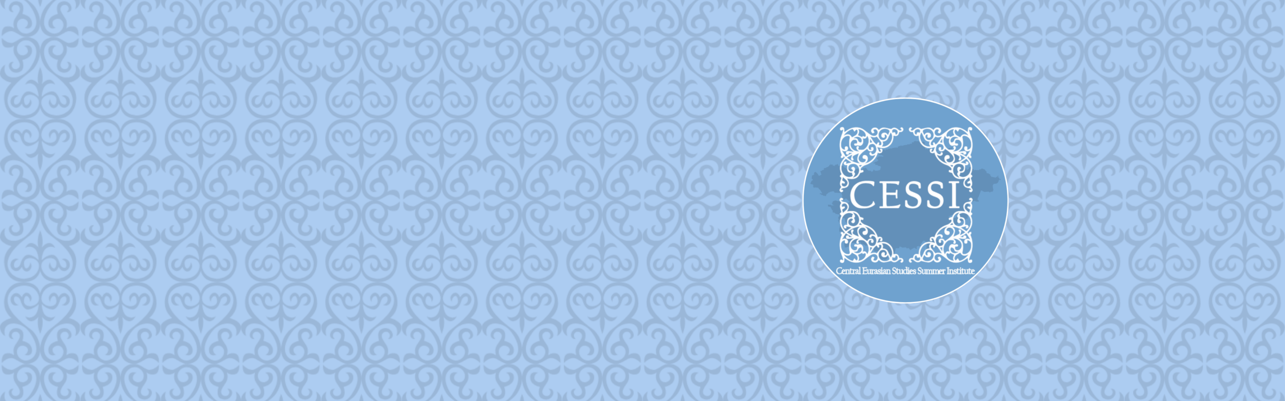 Blue Central Eurasian textile pattern with the CESSI logo featuring a stylized map of Central Eurasia.