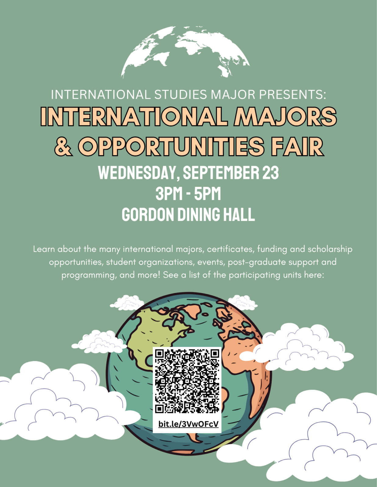 International Majors & Opportunities Fair, Wednesday, Sept. 23, 3–5 PM at Gordon Dining Hall. Flyer features a globe, clouds, and a QR code.