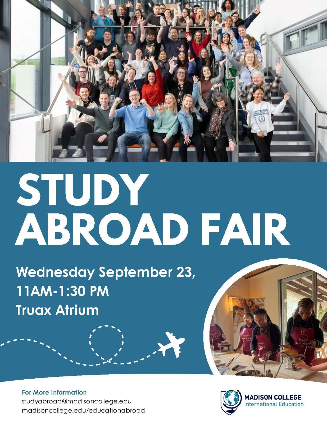Madison College Study Abroad Fair, Wednesday, Sept. 23, 11 a.m.–1:30 p.m. in the Truax Atrium.