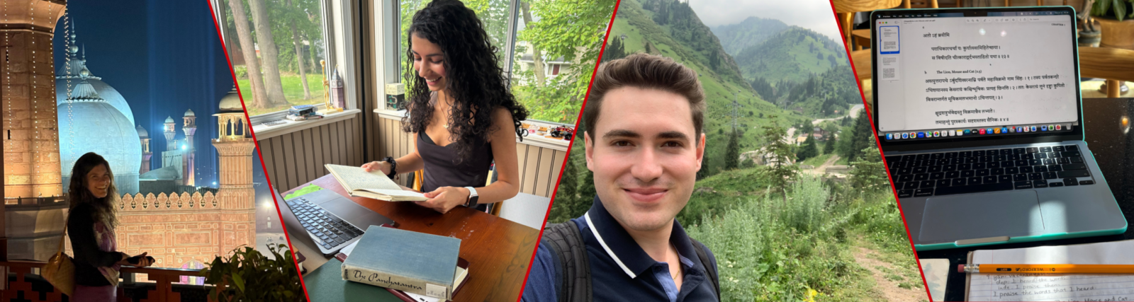 A four-panel collage shows scenes related to study and travel: a woman standing inside a historic illuminated building, a woman reading a book beside a laptop at a table, a man taking a selfie in a green mountain valley, and a laptop displaying a Sanskrit text document.
